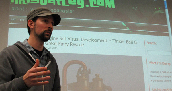 Disney character designer Chris Oatley speaks to a group of students at Art Center.