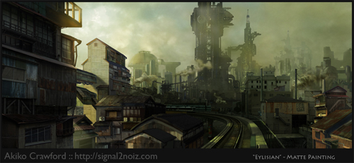 Akiko Crawford specializes in painting grungy, industrial environments.