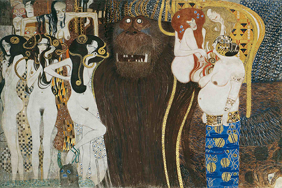 The section from Klimt's 'Beethoven Frieze' which features the character of 'Lasciviousness.' She's the redhead seated on the back of the beast. [click to enlarge]
